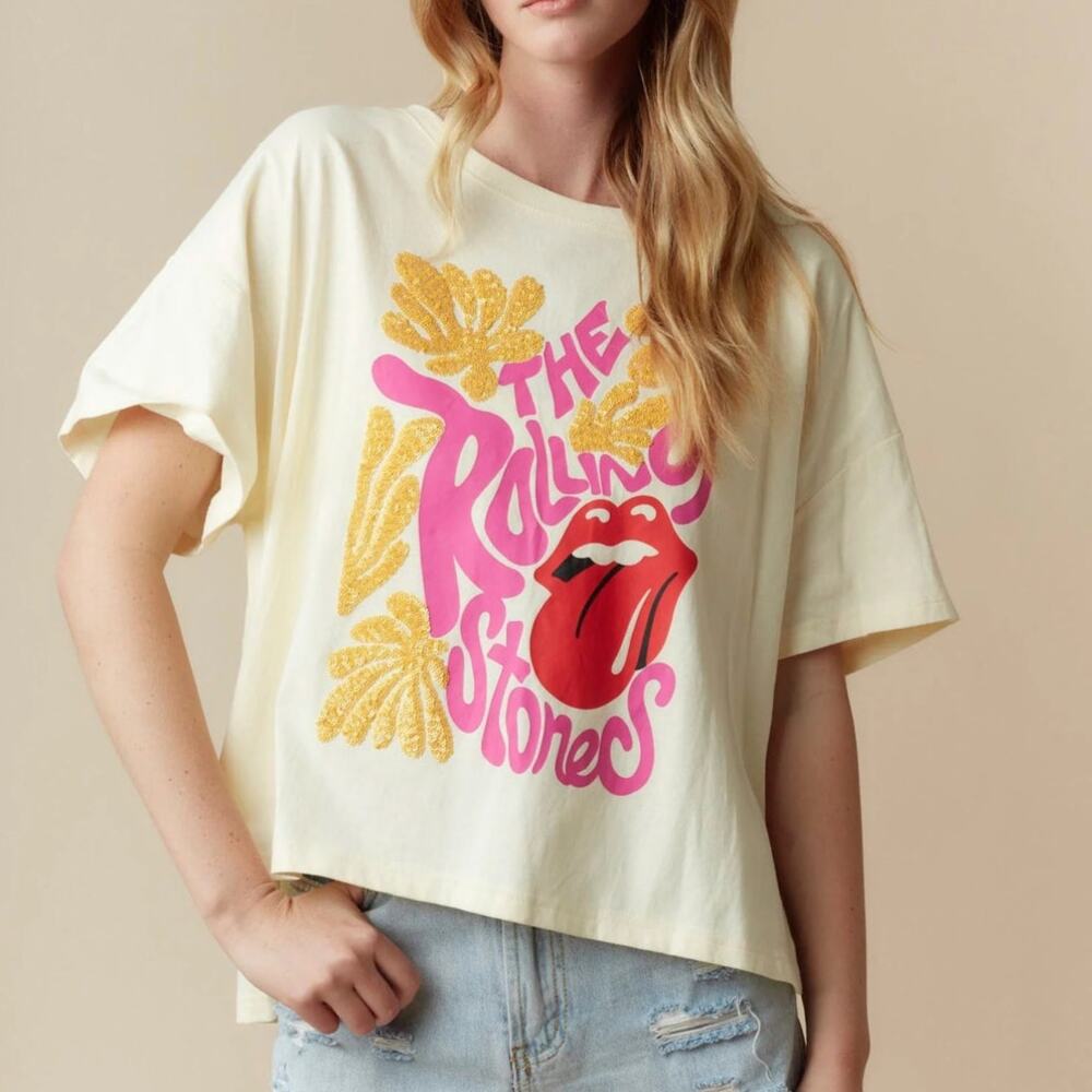 FANTASTIC FAWN Rolling Stones Sequin Tee Butter Yellow Large L